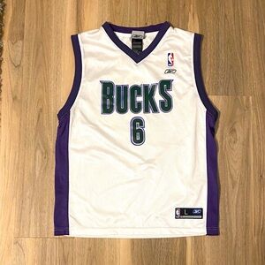 Andrew Bogut Reebok White and Purple Milwaukee Bucks Basketball Jersey